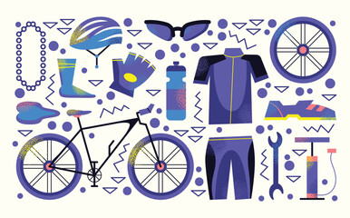 Set of cycling gear and accessories road bike, helmet, gloves, sunglasses, bottle, jersey, shorts, shoes, chain, saddle, wheels, socks. Flat vector illustration Cycling sport outdoor activity concept