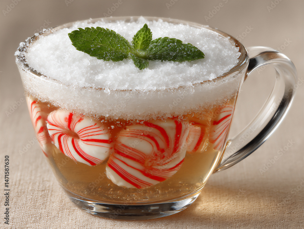Poster a macro shot focusing on the texture of the red and white swirl in a clear glass mug, with a dusting