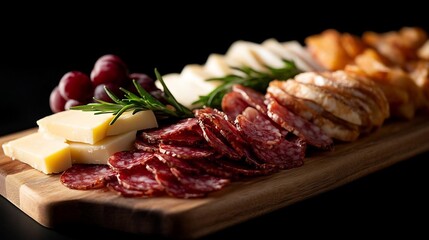 Elegant charcuterie board with cheese, salami, bread, grapes, and rosemary sprigs