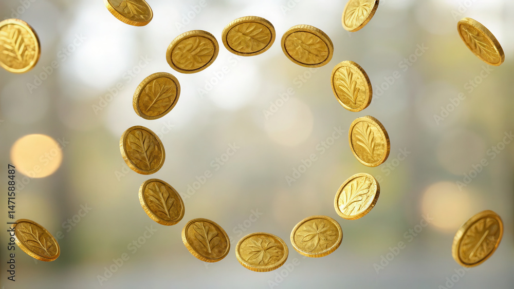 Poster golden leaf tokens floating upward circular motion with soft light