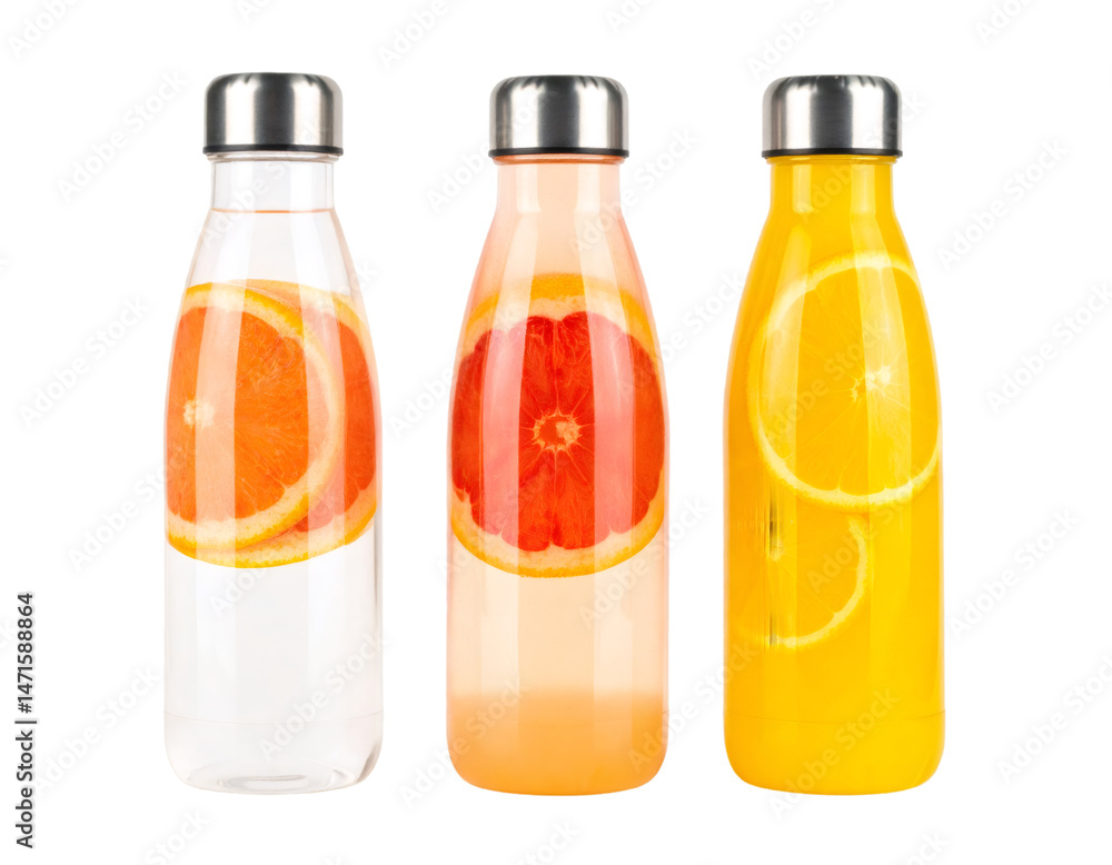 Poster reusable water bottles with citrus fruit slices isolated on transparent background
