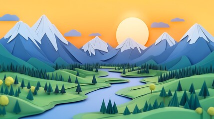 Sunset Mountain River Landscape.