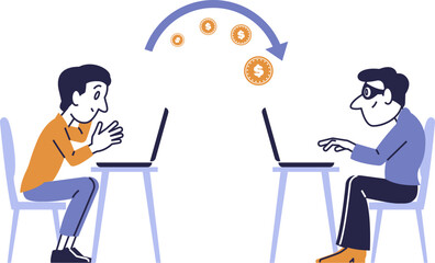 Vector flat illustration depicting a fraudulent online transaction between two users.