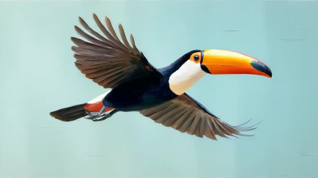 Colorful bird with a long beak flies through the air. The bird is orange and black, and its beak is yellow. The image has a lively and energetic mood, as the bird is in motion