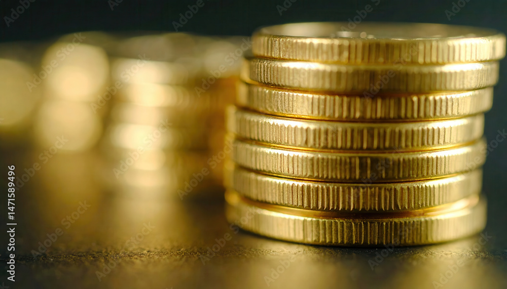 Poster stack of gold coins shining with blurred coins in background
