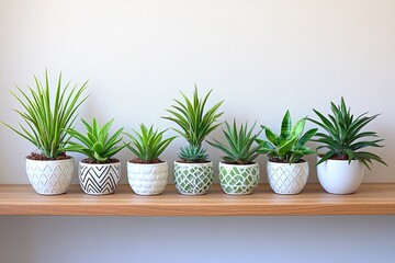 Seven potted succulents and houseplants on a shelf, in decorative pots