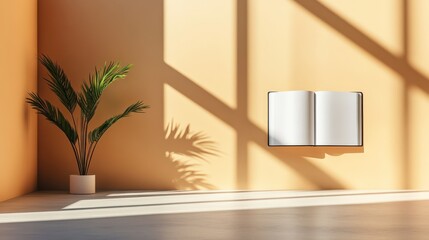 Open book against minimalist wall with green plant and soft shadows