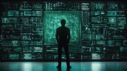 Silhouetted figure observing a vast, glowing data wall displaying complex information