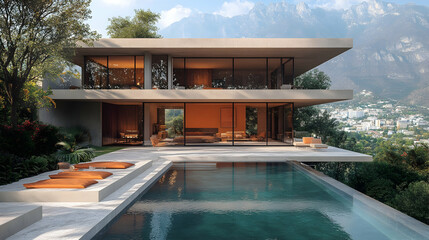 Luxury Retreat: Contemporary architecture blends seamlessly with nature, offering a serene escape with a stunning infinity pool overlooking scenic mountain views. The design emphasizes space, light.