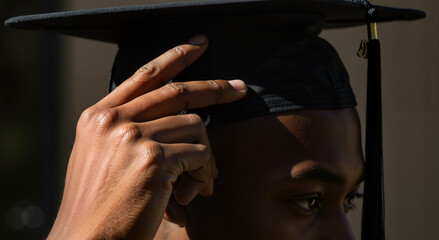 Graduate adjusting cap with pride under natural light  