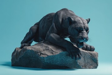 A powerful black panther statue rests on a gray rock.