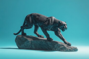 Fototapeta premium Dark panther statue positioned on a rock formation.