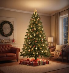 Decorated Christmas tree, warm living room glow,  season's greetings,  celebration