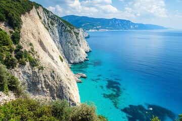 Fototapeta premium Dramatic white chalk cliffs with turquoise sea and green coastal hills under a clear sky