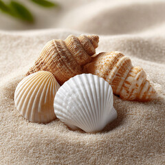 Close-up shot of a cluster of sea shells in a mix of textures and colors, set against a smooth, beige sand background that enhances the shell details