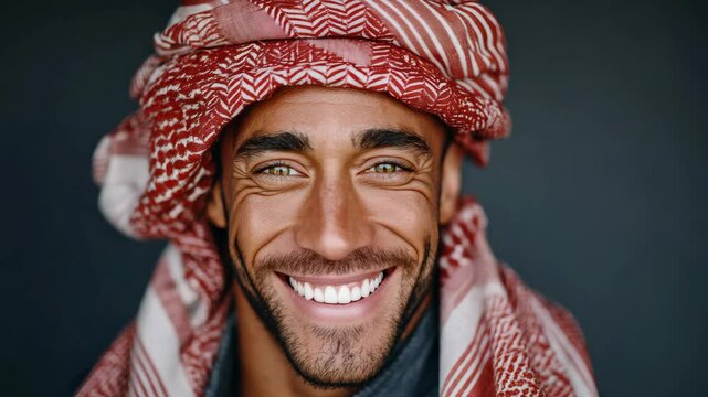 Man with a beard is wearing a red and white scarf. He is smiling and looking at the camera. The scarf has a pattern and is made of a soft material
