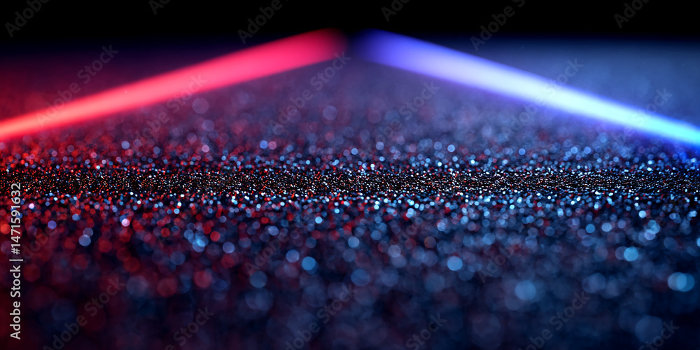 Poster dark glitter surface illuminated by red and blue neon lights, creating a vibrant, contrasting backdr