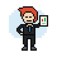 Obraz premium Cartoon cute pixel cartoon 8bit character business man businessman smart work game decoration business 8 bit male career smart character game 8bit png vector.