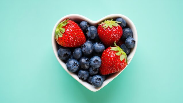 A heart-shaped bowl filled with blueberries and strawberries.