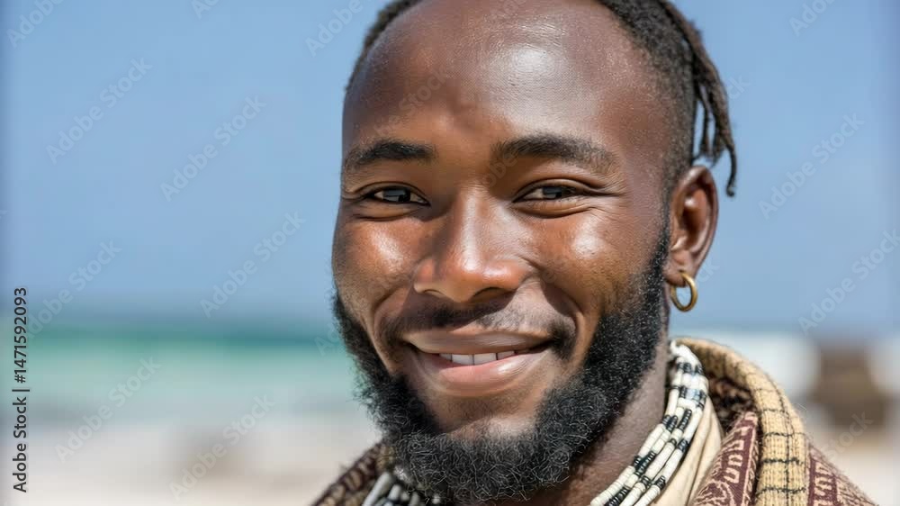 Poster man with a beard and dreadlocks is smiling at the camera. he is wearing a brown jacket and a scarf