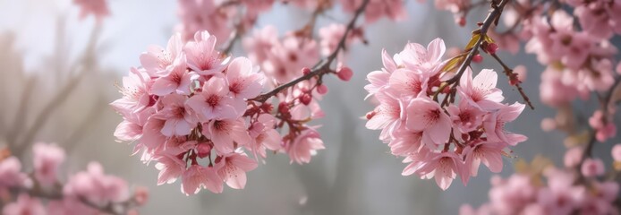 Obraz premium Delicate pink blossoms, soft focus, vibrant hues, summer, feminine