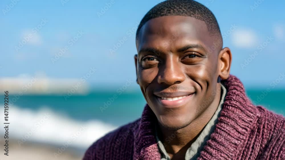 Poster man with a beard and a purple sweater is standing on a beach. the man is looking at the camera with 