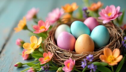 Vibrant pastel eggs nestled in a spring flower arrangement , colorful, pastel, holiday