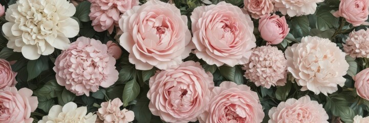 Delicate artificial floral wall  Pink roses, peonies & hydrangeas in muted pastel tones, vintage aesthetic , backdrop, decoration