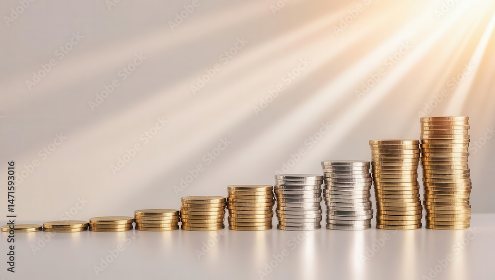 Poster stacks of coins increasing height with sunlight rays shining down
