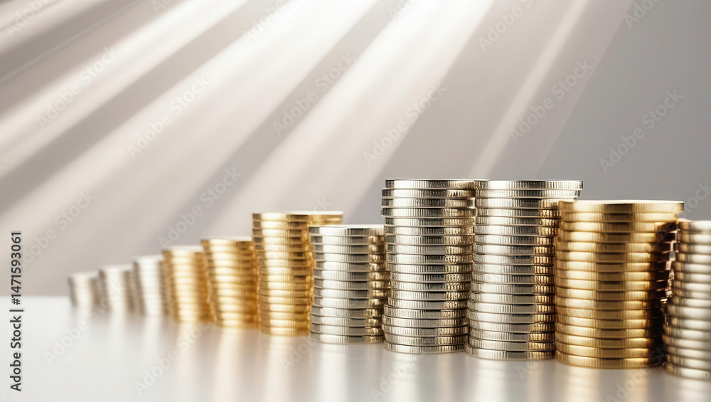 Poster stacks of coins building up along bottom edge while soft light