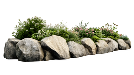 Natural stone boulder low retaining wall section, irregular shapes fitted together, defining raised bed, photorealistic image, isolated on transparent  background
