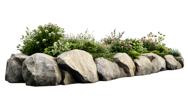 Natural stone boulder low retaining wall section, irregular shapes fitted together, defining raised bed, photorealistic image, isolated on transparent  background