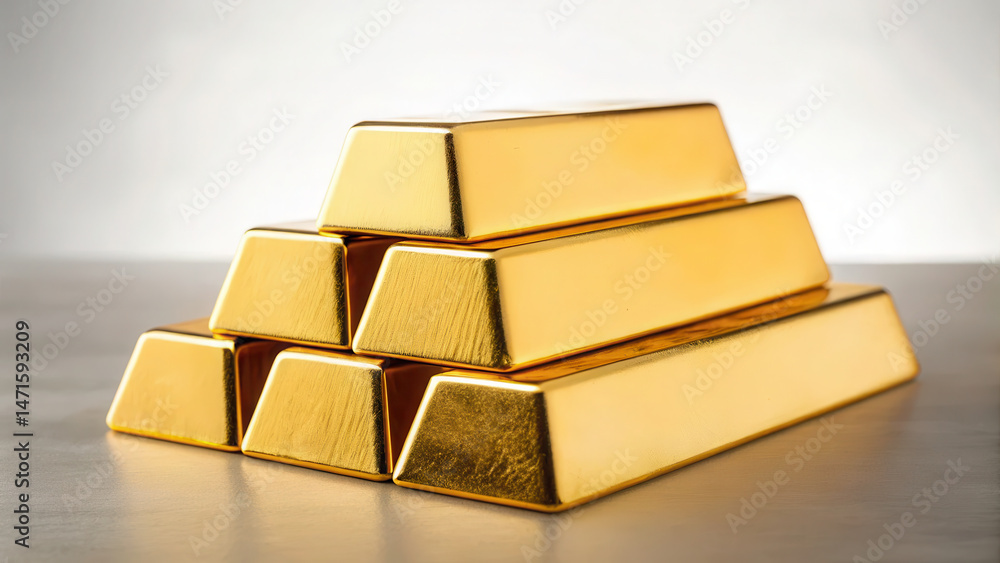 Poster stack of shiny gold bars arranged pyramid shape smooth surface