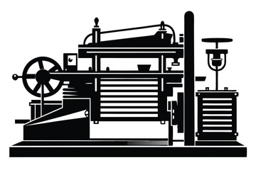 An imposing black and white illustration depicts an antique machine with intricate components and a flywheel