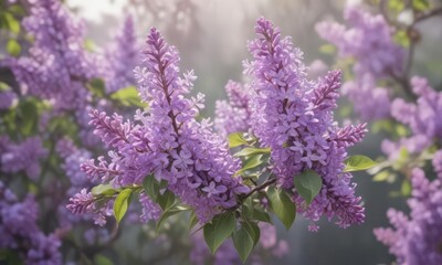 Delicate purple lilac blossoms, soft spring light, blurred background, elegant, backdrop, fresh