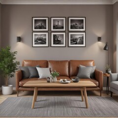 Elegant brown leather sofa, oak dining table, framed monochrome prints accent a grey wall  Modern home interior ,  wood,  monochrome prints