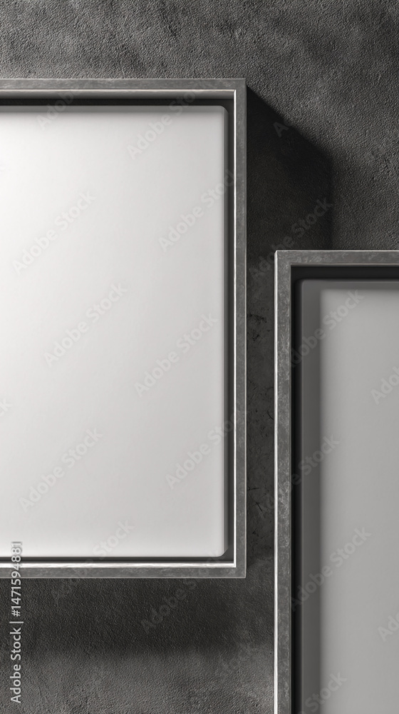 Poster two blank frames on textured gray background, showcasing ample free space for text or advertisement,