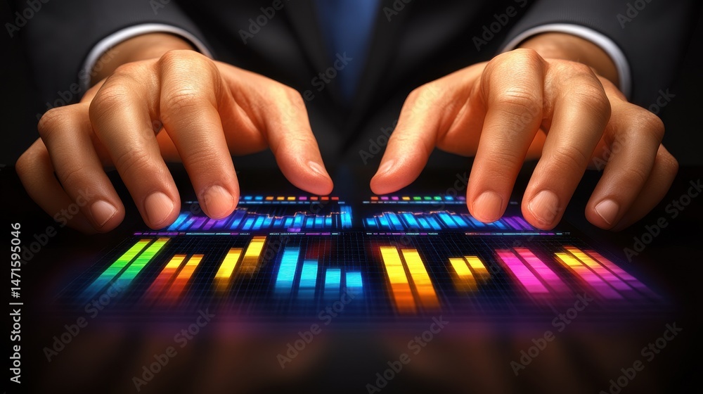 Aufkleber hands of a business professional analyzing colorful data visualizations on a modern digital interfac