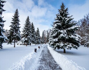 Obraz premium Serene Winter Pathway Through Snow-Covered Evergreen Trees