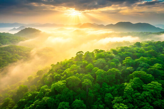 Aerial view of a lush green forest beneath a golden sunrise and mystical fog