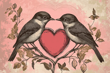 Vintage illustration of two birds sitting on a branch with heart, surrounded by floral ornaments....
