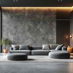 Modern living room interior design with a sophisticated gray palette.