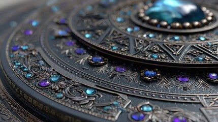 Fototapeta premium Intricate Dark Metal Circular Ornament with Blue and Purple Gemstones