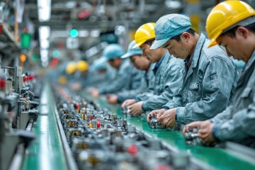 Asian workers assemble parts along production line wearing protective gear in factory setting with automated machinery