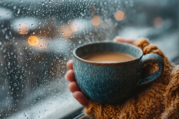Fototapeta premium Hands holding beverage by rain covered window, cozy moment, warmth, tranquility, comfort during gloomy climate