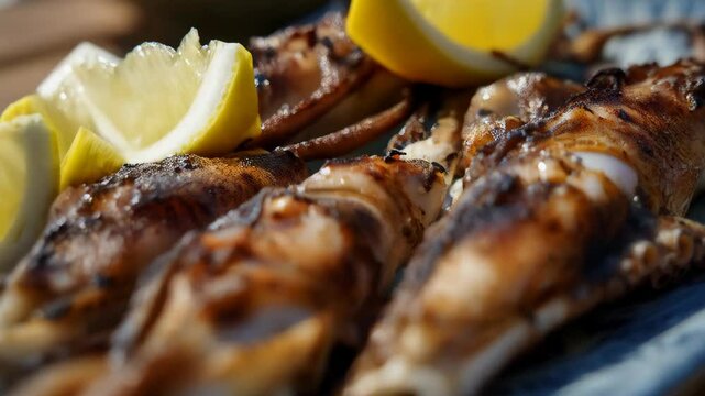 Appetizing grilled squid or cuttlefish dish, adorned with vibrant lemon wedges, served on a blue patterned plate under natural sunlight.