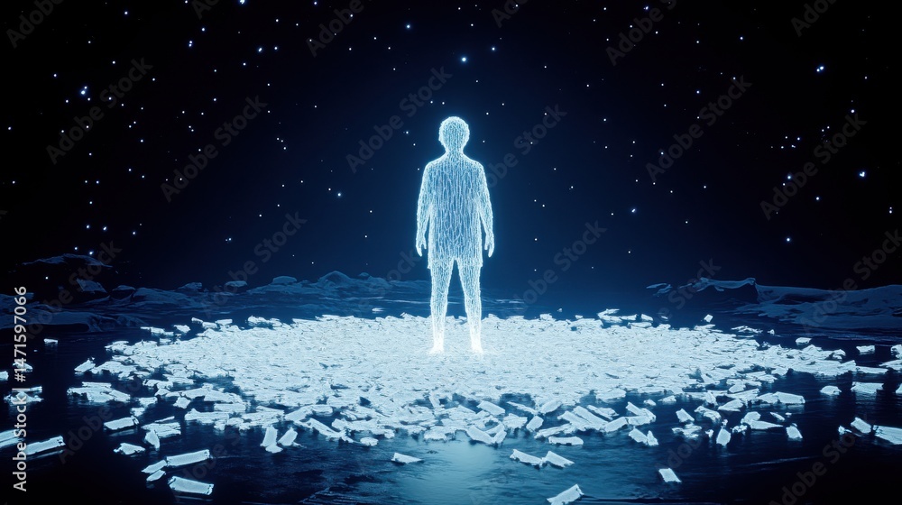 Poster ethereal human figure surrounded by glowing particles against dark starry background in futuristic s