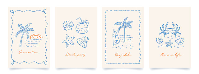 Set of trendy summer poster in sketch style. Vintage prints with hand drawn palm tree, sun, sea, crab, wave, seashells. Vacation and beach concept. Trendy design for cards, wall art, branding.	