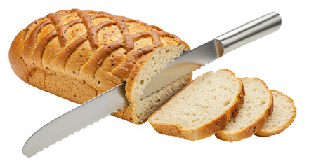 Isolated Loaf of Bread Being Sliced with Knife