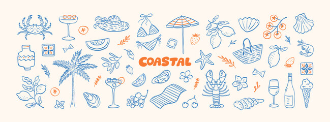 Mediterranean summer vacation illustration set in sketch style. Italian holiday elements. Hand drawn lemons, seafood, lobster, shell, cocktail. Coastal collection for card, prints, wedding invitation.